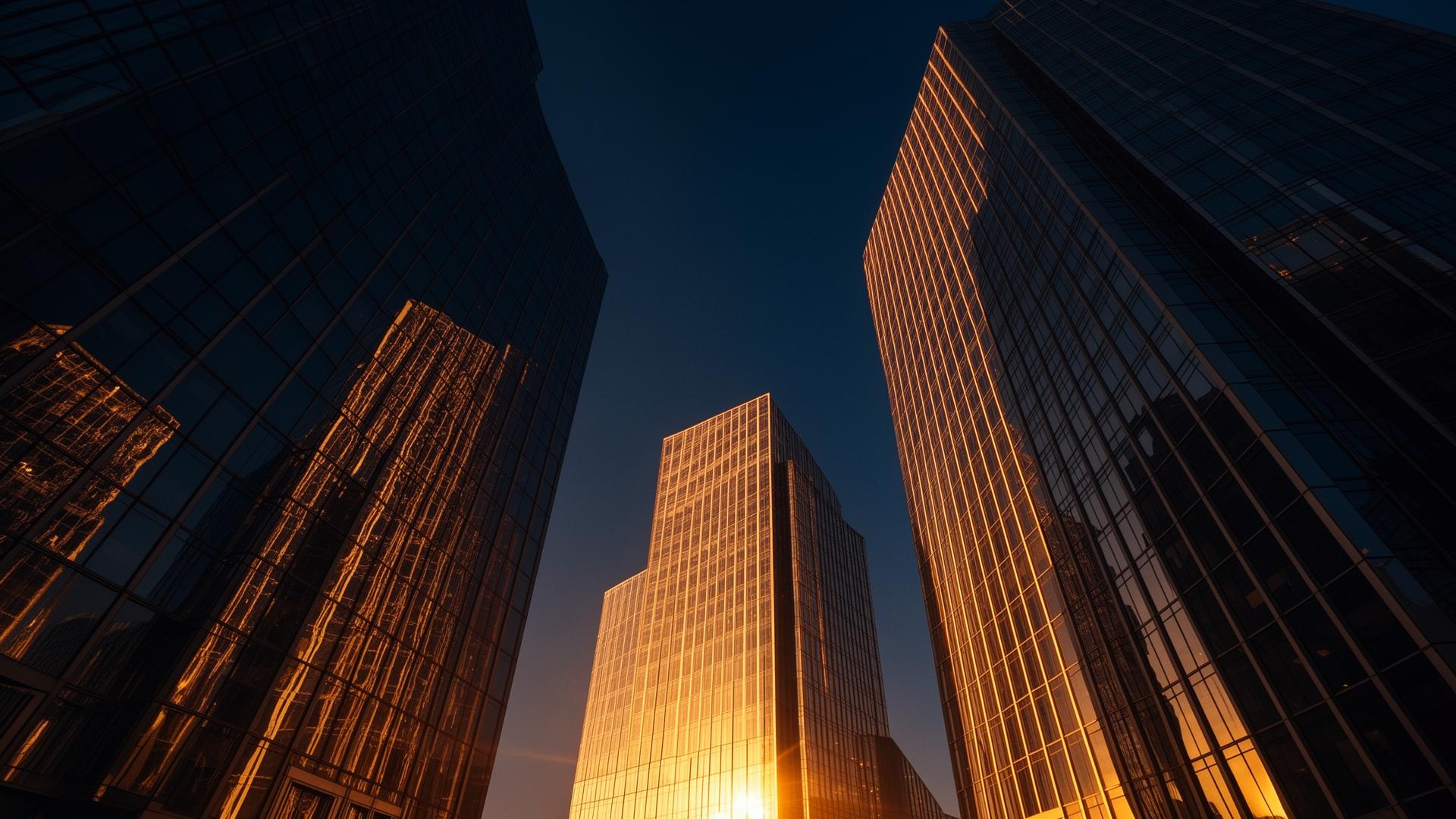 Corporate skyline at sunrise